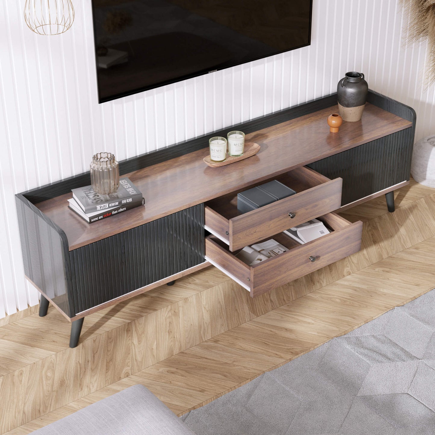 63'' Mid Century TV Stand with 2 Cabinets& Open Compartments, Entertainment Center for TVs up to 70'', Television Console for Living Room, Bedroom, Home Theatre - FVNLYXQ