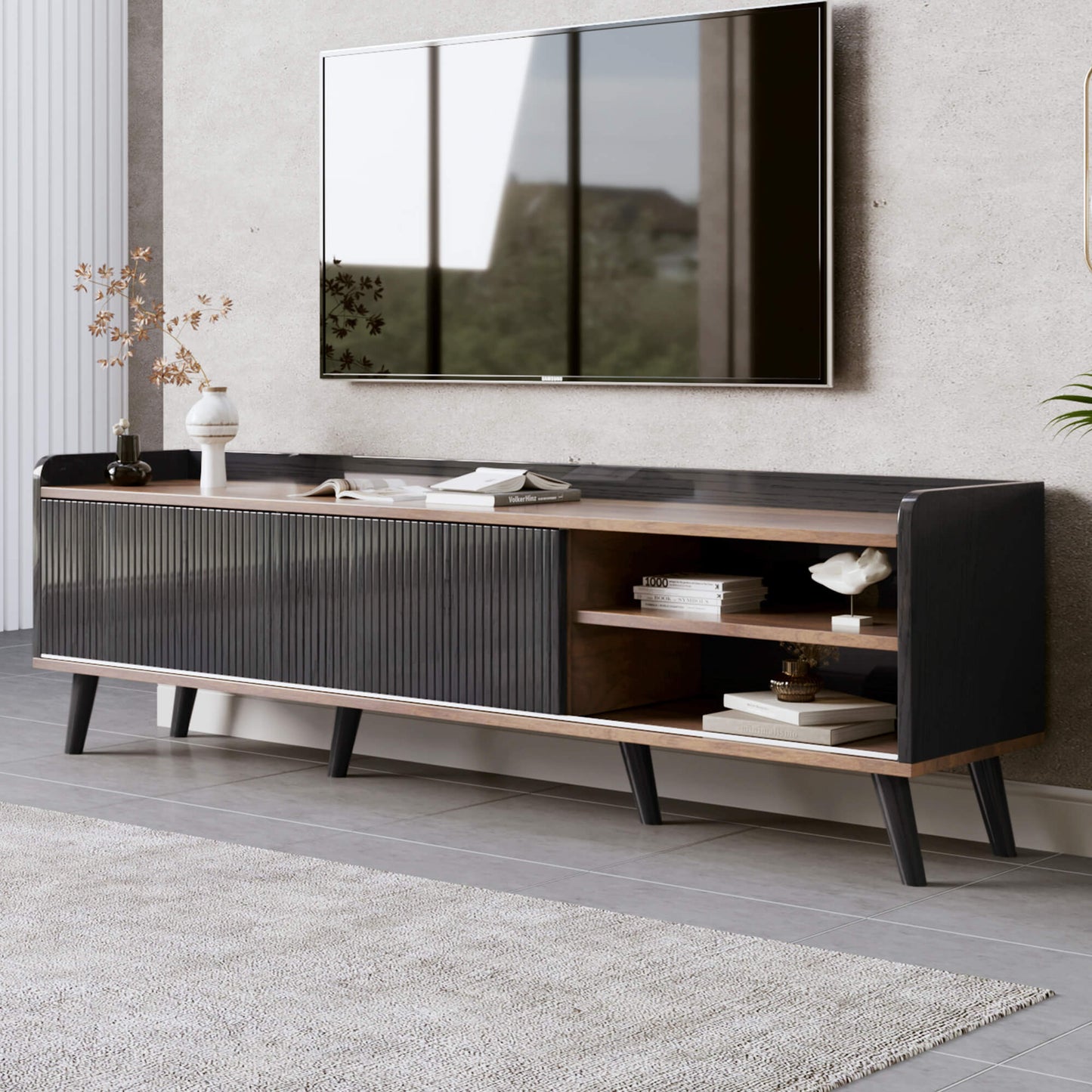 63'' Mid Century TV Stand with 2 Cabinets& Open Compartments, Entertainment Center for TVs up to 70'', Television Console for Living Room, Bedroom, Home Theatre - FVNLYXQ