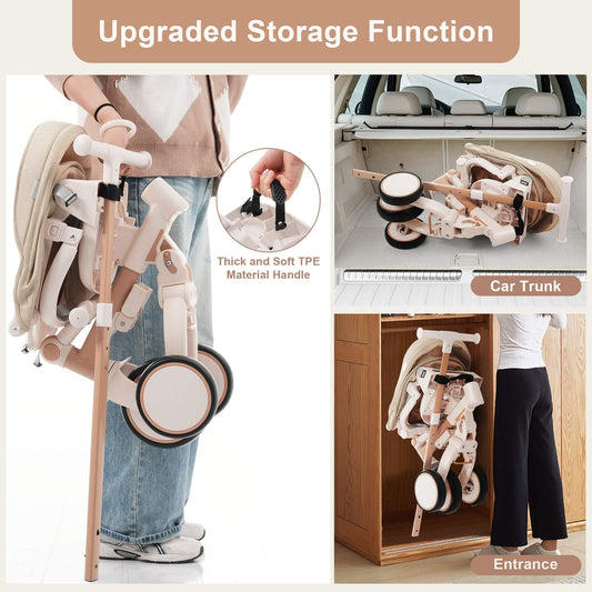 7 in 1 Baby Tricycle, Foldable Toddler Tricycle with Removable and Adjustable Parent Handle, Toddler Push Bike with Removable Pedal, Canopy, and Guardrail, Tricycle for 12-72 Months, light brown