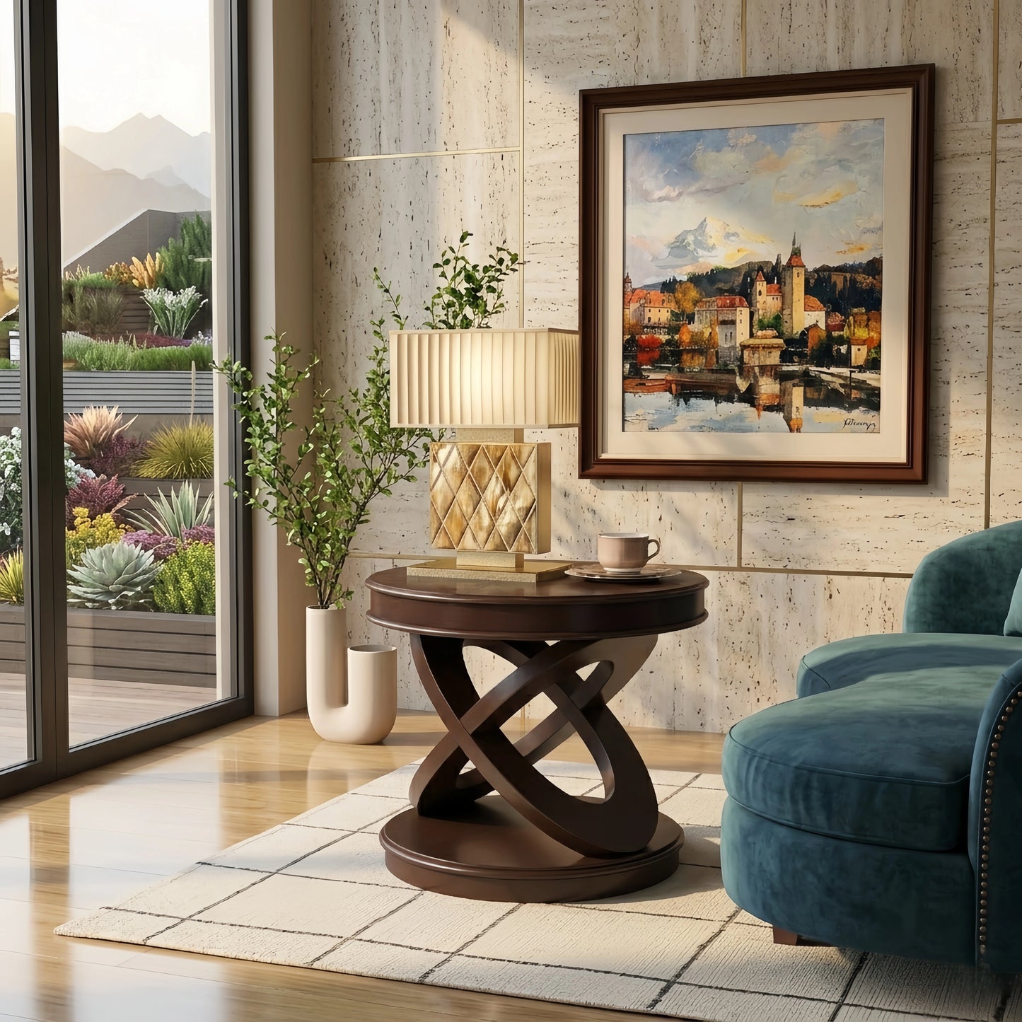 Premium Solid Wood Veneer Side Table - 20" High Round Accent Table with Waterproof Top - FVNLYXQ
