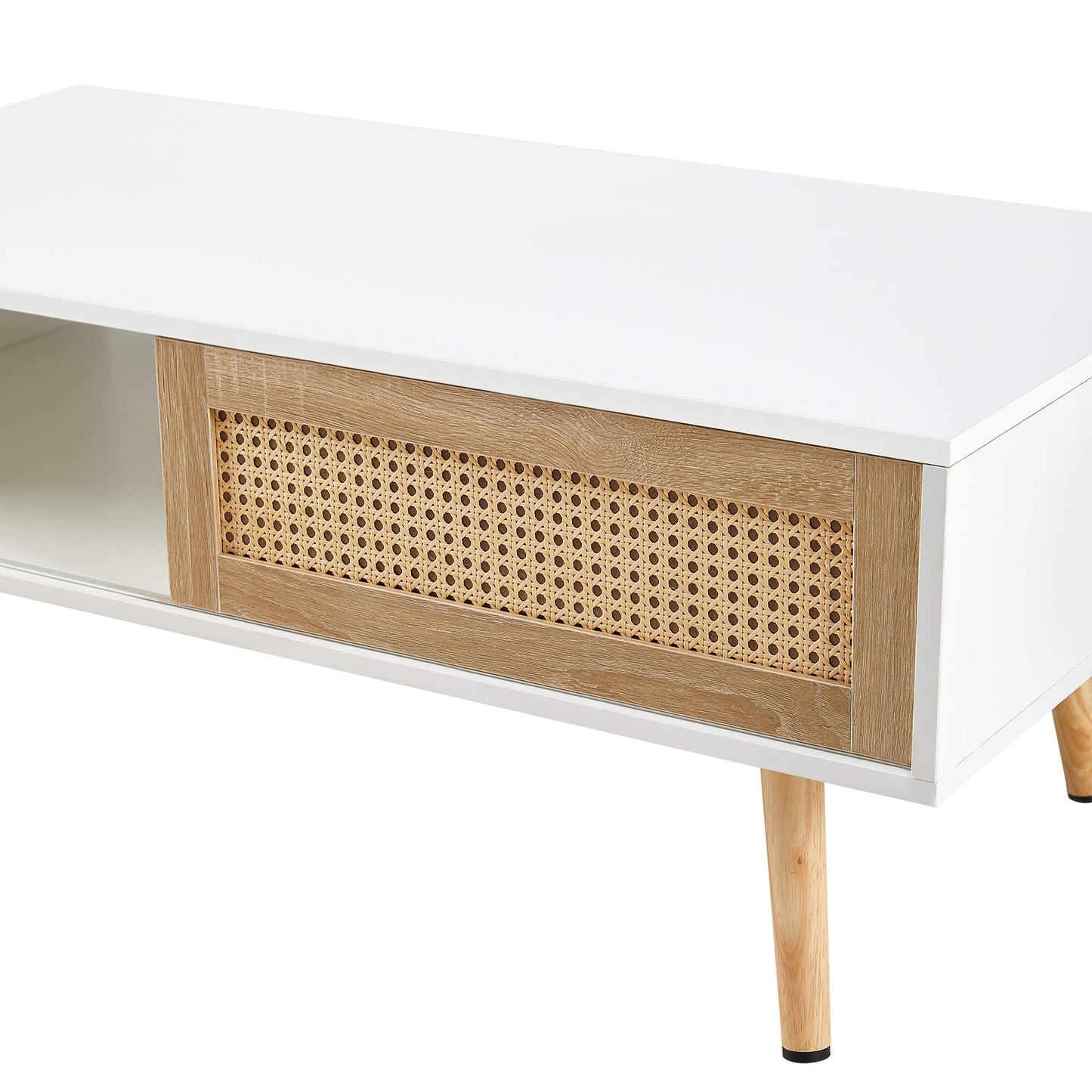 Rattan Coffee table, sliding door for storage, solid wood legs, Modern table for living room ,White - FVNLYXQ