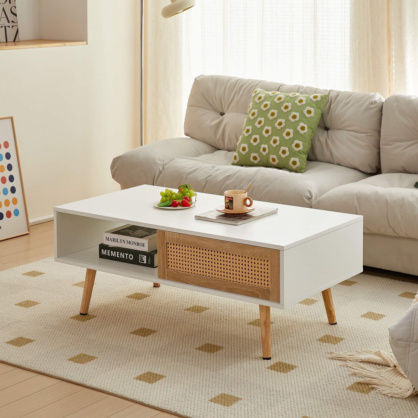 Rattan Coffee table, sliding door for storage, solid wood legs, Modern table for living room ,White - FVNLYXQ