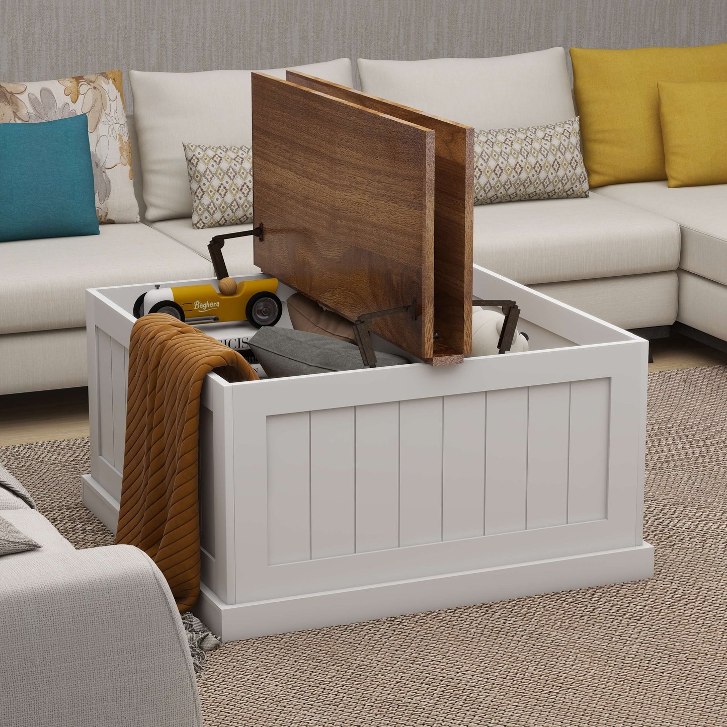 31.5" Farmhouse Coffee Table, Square Wood Center Table with Hinged Lift Top