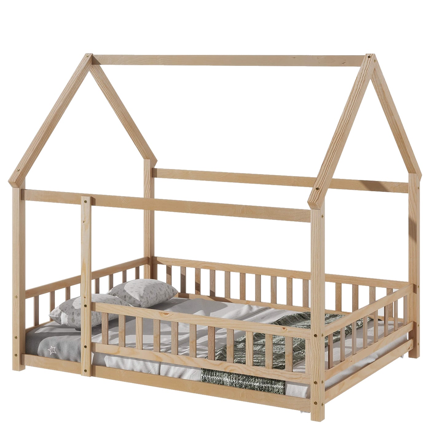 Full Size Floor Wooden Bed with House Roof Frame, Fence Guardrails ,Nartural - FVNLYXQ