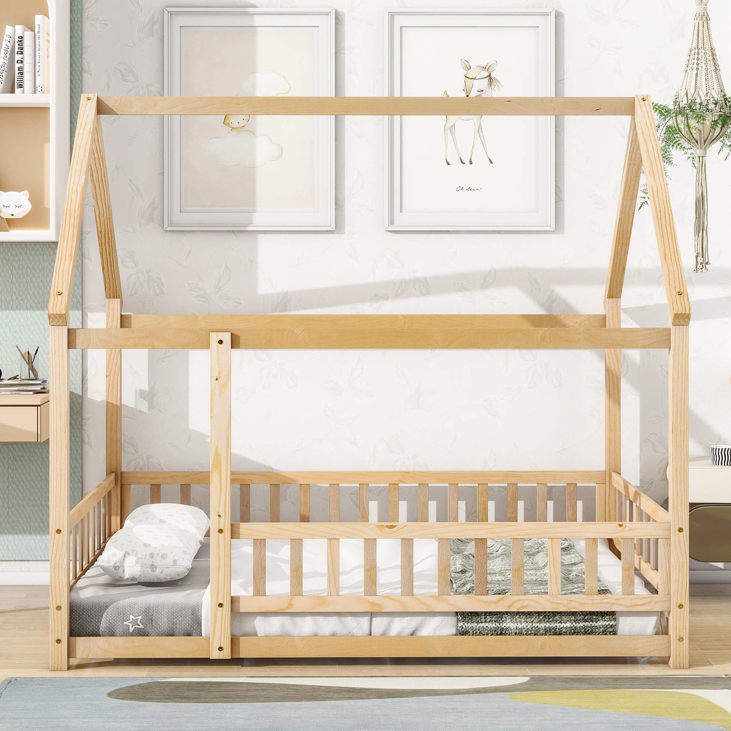 Full Size Floor Wooden Bed with House Roof Frame, Fence Guardrails ,Nartural - FVNLYXQ