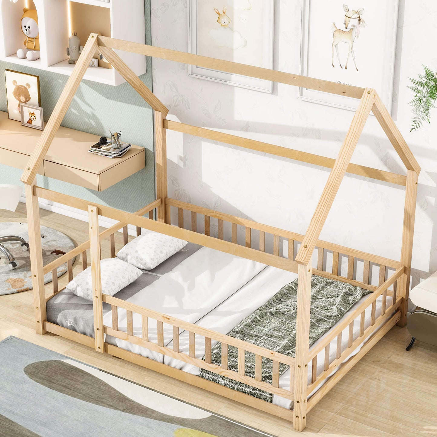 Full Size Floor Wooden Bed with House Roof Frame, Fence Guardrails ,Nartural - FVNLYXQ