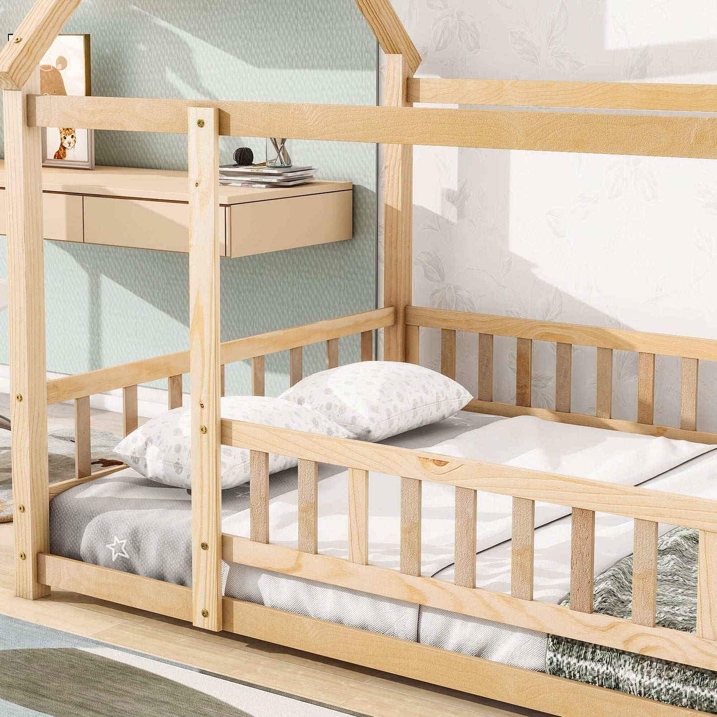 Full Size Floor Wooden Bed with House Roof Frame, Fence Guardrails ,Nartural - FVNLYXQ