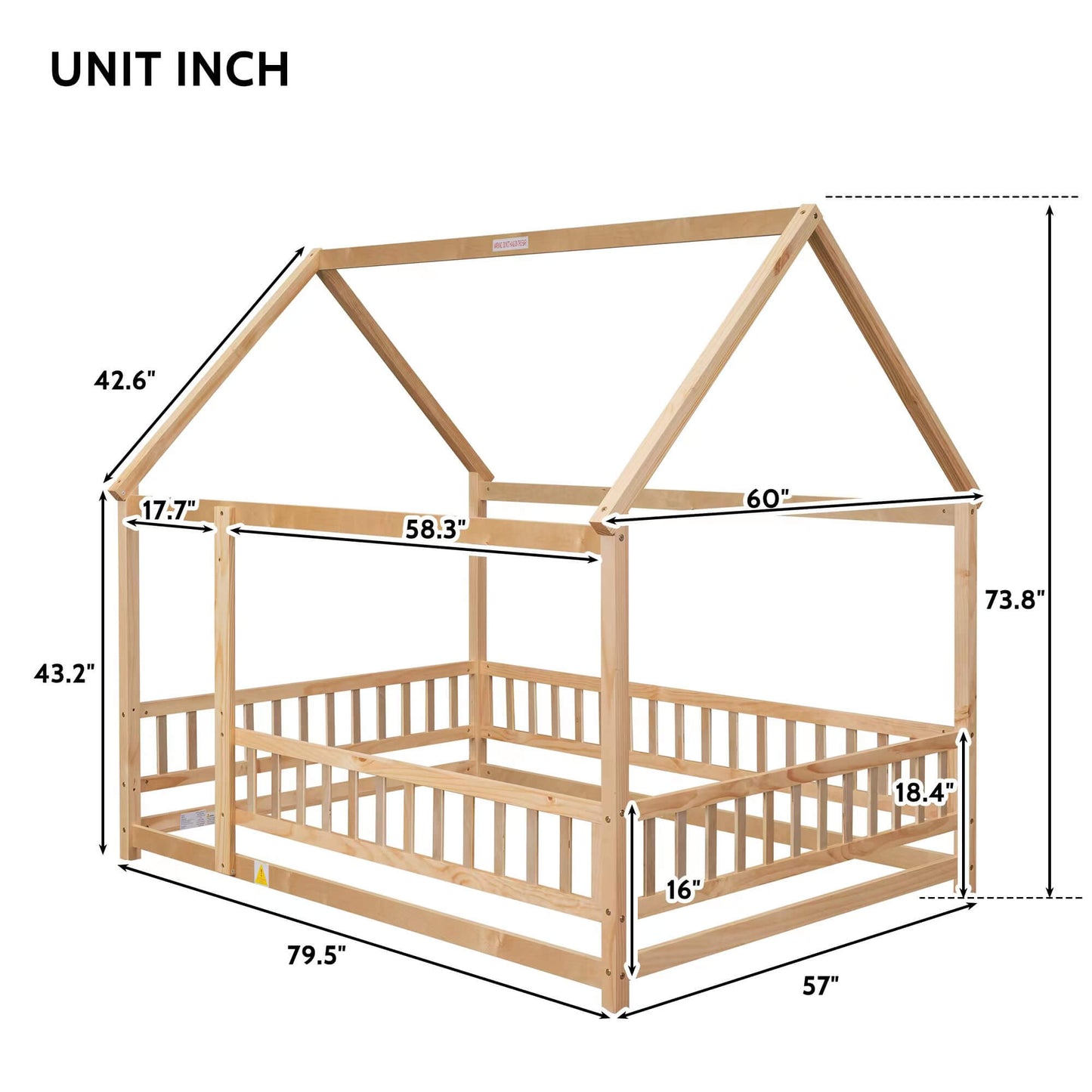 Full Size Floor Wooden Bed with House Roof Frame, Fence Guardrails ,Nartural - FVNLYXQ