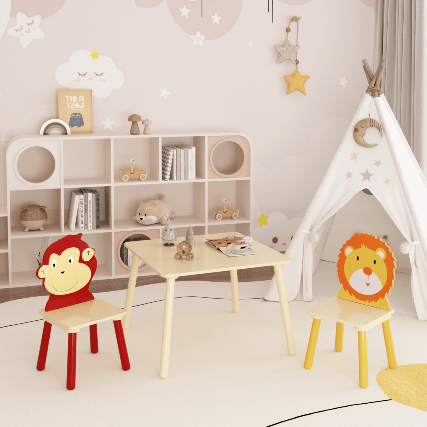 Kids Table and 2 Chairs Set, 3 Pieces Toddler Table and Chair Set, Wooden Activity Play Table Set (Lion&Monkey) - FVNLYXQ