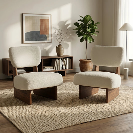 Set of 2 Modern Beige Lounge Chairs - Walnut Wood Base Accent Seating - FVNLYXQ