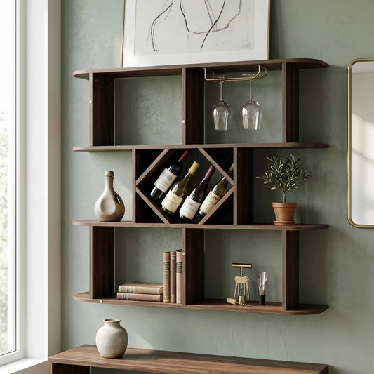 Wooden wall shelf with wine bottles, books, and decorative items against a green wall.