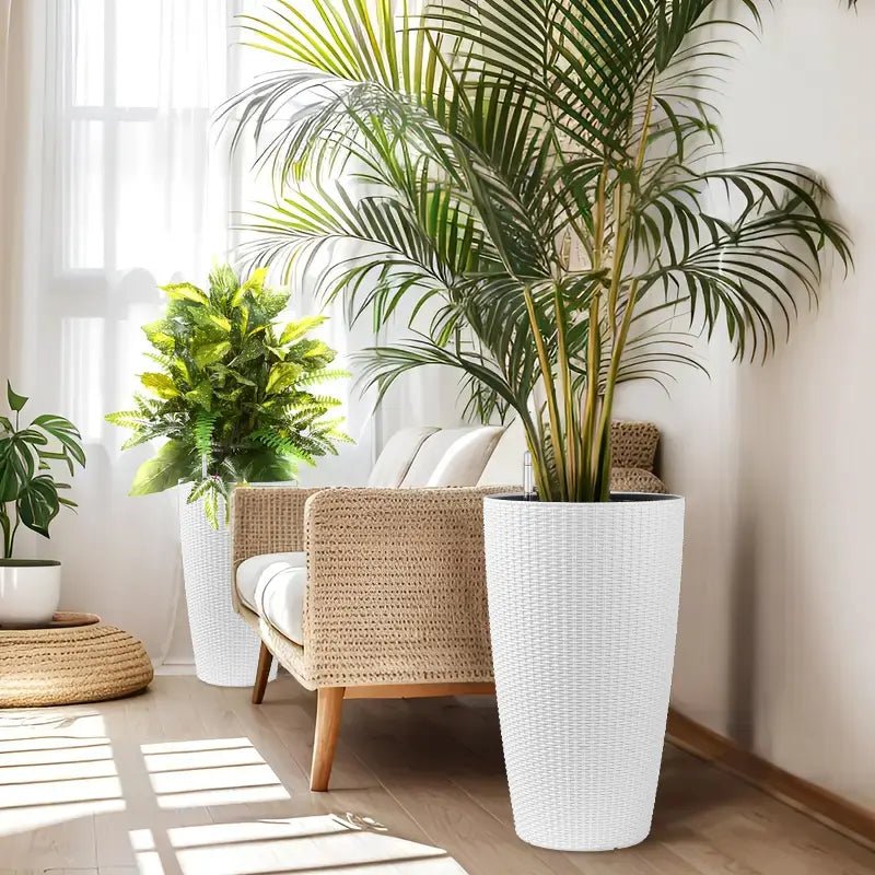 Set of 2 White 22" Tall Faux Rattan Planters with Water Level Indicator - FVNLYXQ