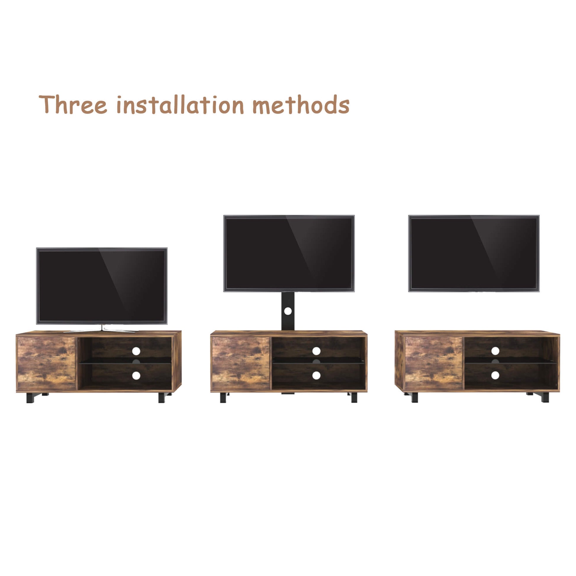 Rustic Brown TV Console with push-to-open Storage Cabinet for TV up to 65in Wood &glass TV Stand for Living Room Bedroom 