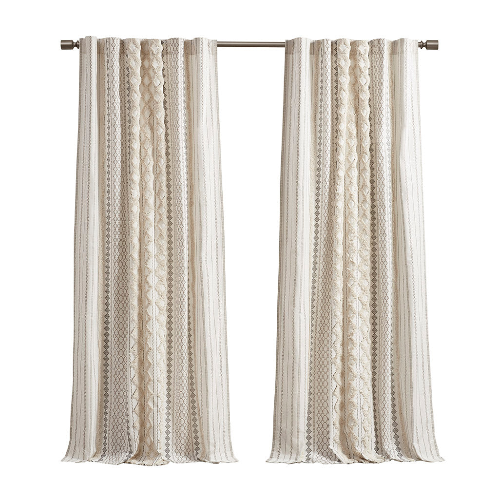 Cotton Printed Curtain Panel with Chenille Stripe and Lining Ivory 50x84"