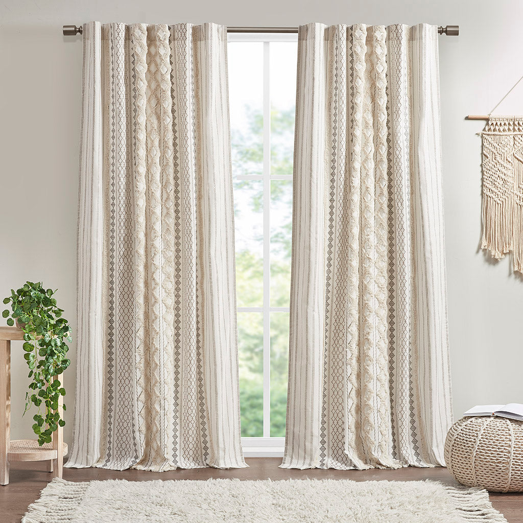 Cotton Printed Curtain Panel with Chenille Stripe and Lining Ivory 50x84"