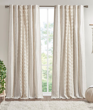 Cotton Printed Curtain Panel with Chenille Stripe and Lining Ivory 50x84