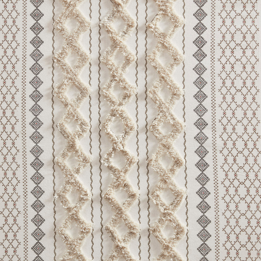 Cotton Printed Curtain Panel with Chenille Stripe and Lining Ivory 50x84"