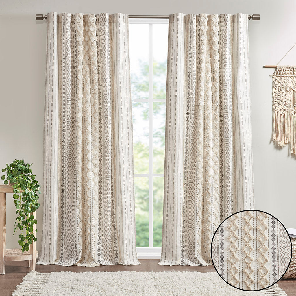 Cotton Printed Curtain Panel with Chenille Stripe and Lining Ivory 50x84"