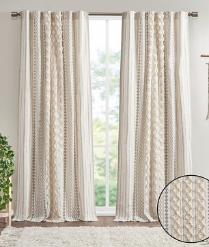 Cotton Printed Curtain Panel with Chenille Stripe and Lining Ivory 50x84