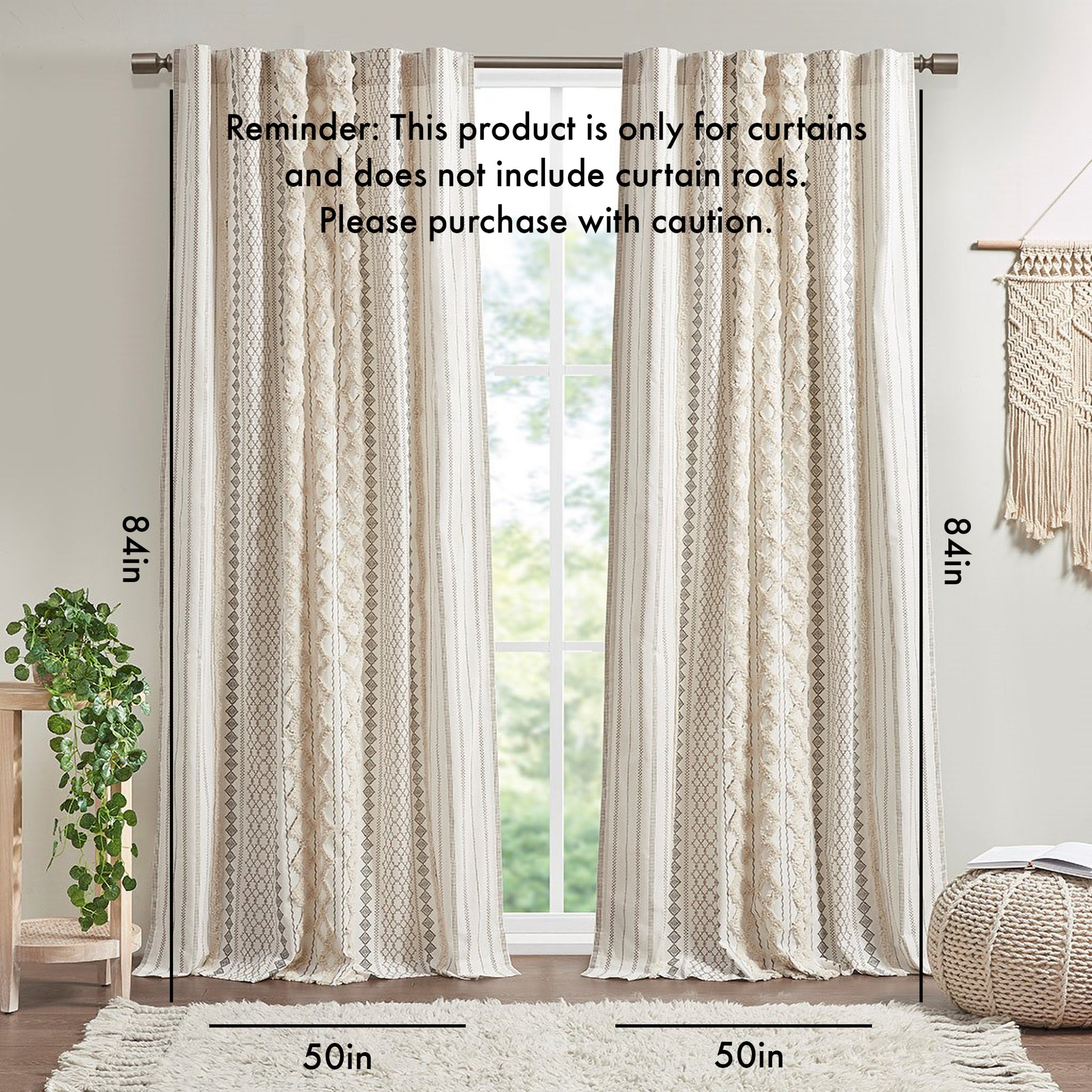 Cotton Printed Curtain Panel with Chenille Stripe and Lining Ivory 50x84"