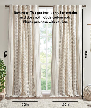 Cotton Printed Curtain Panel with Chenille Stripe and Lining Ivory 50x84