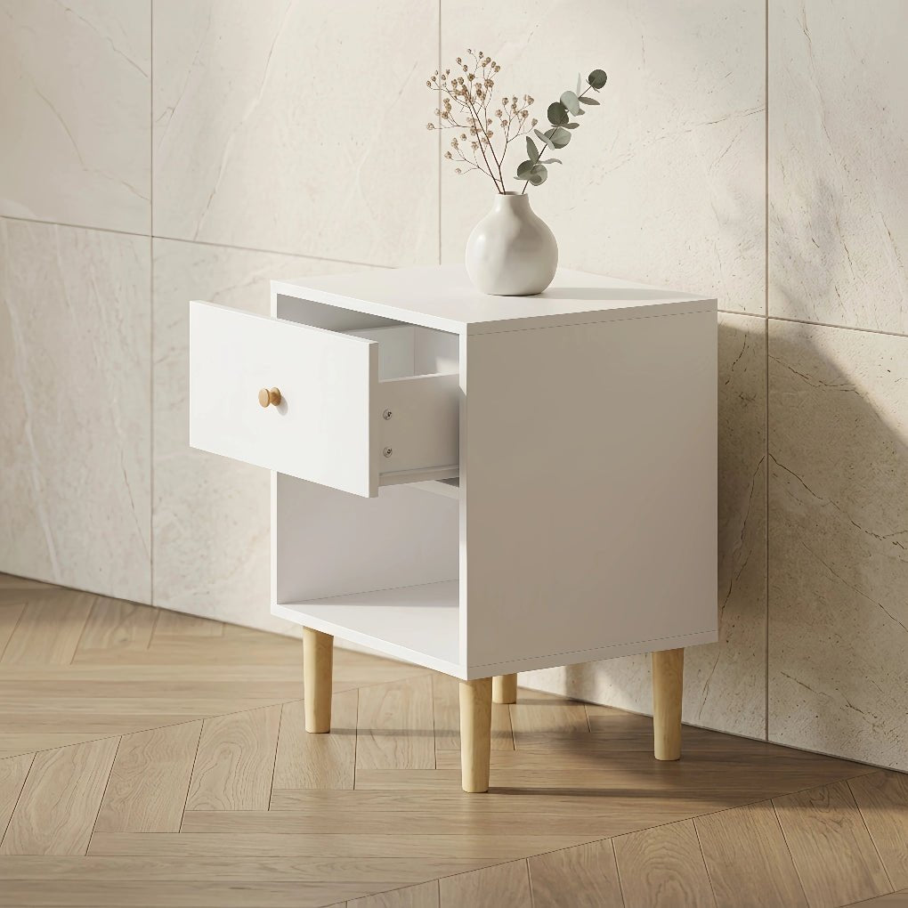 Modern White Wooden Nightstand with Storage Drawer & Solid Pine Legs, 23" Height - FVNLYXQ