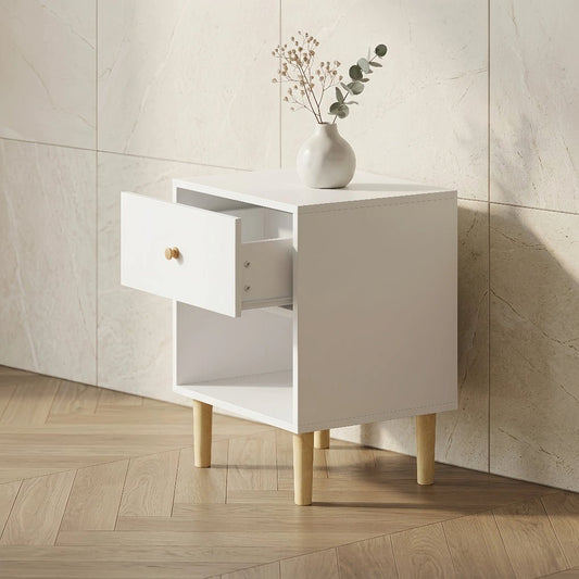 Modern White Wooden Nightstand with Storage Drawer & Solid Pine Legs, 23" Height - FVNLYXQ