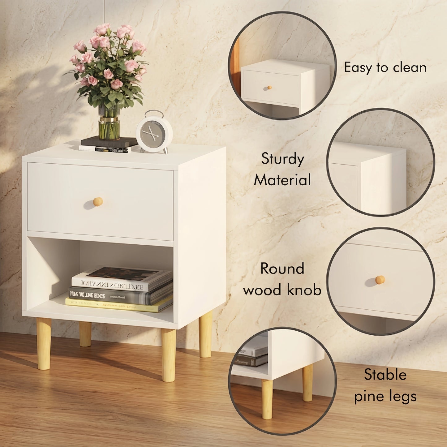 Modern White Wooden Nightstand with Storage Drawer & Solid Pine Legs, 23" Height - FVNLYXQ