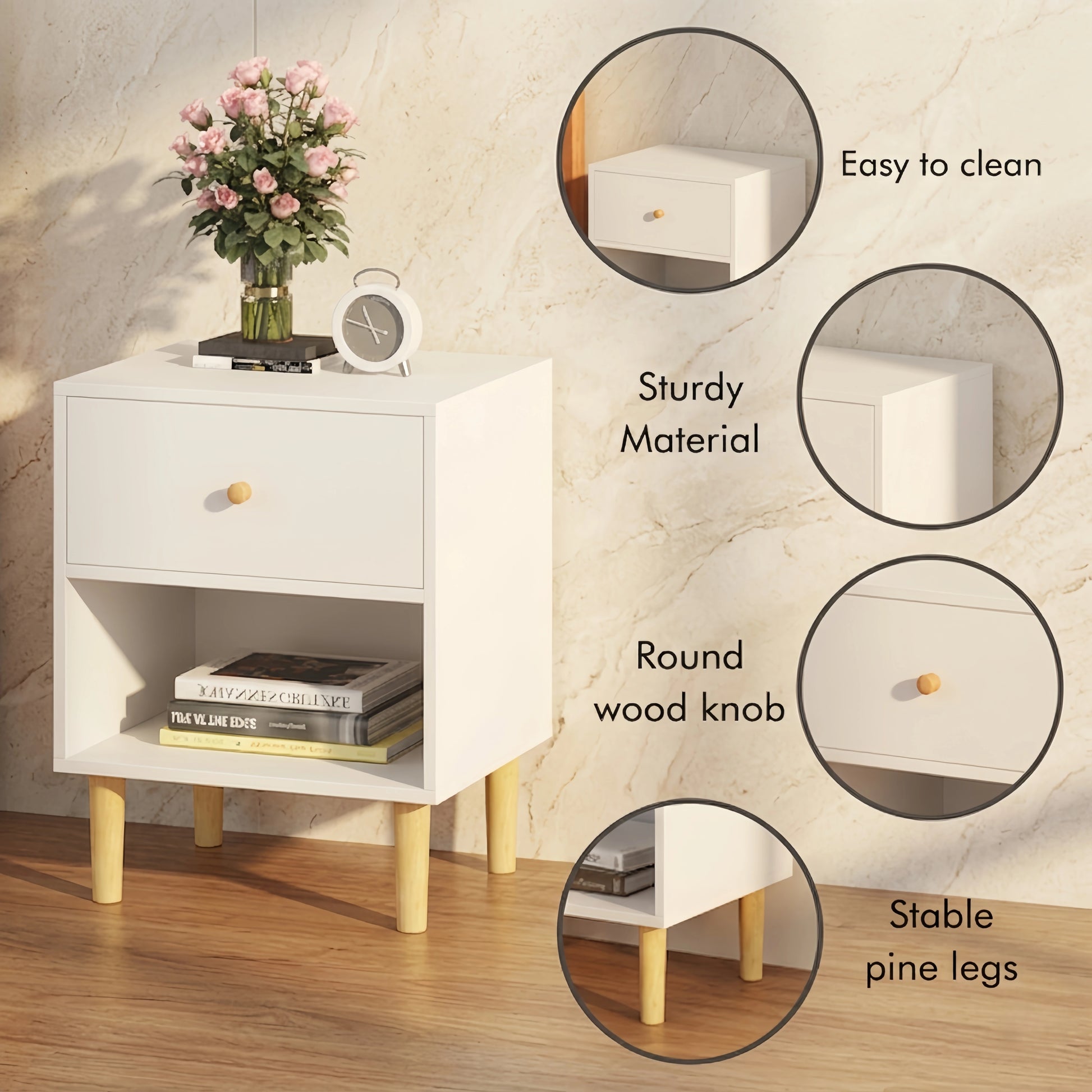Modern White Wooden Nightstand with Storage Drawer & Solid Pine Legs, 23" Height - FVNLYXQ
