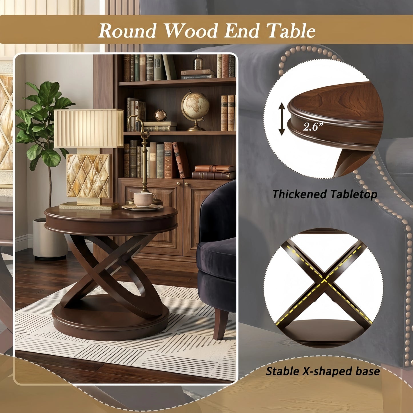 Premium Solid Wood Veneer Side Table - 20" High Round Accent Table with Waterproof Top - FVNLYXQ