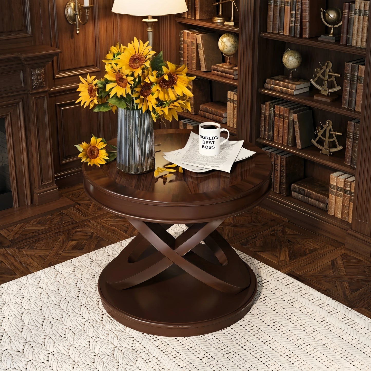 Premium Solid Wood Veneer Side Table - 20" High Round Accent Table with Waterproof Top - FVNLYXQ