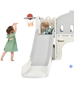 Kids Slide Playset Structure, Freestanding Castle Climber with Slide and Basketball Hoop, Toy Storage Organizer for Toddlers, Kids Climbers Playhouse for Indoor Outdoor Playground Activity 