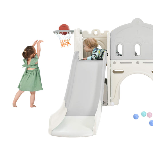 Kids Slide Playset Structure, Freestanding Castle Climber with Slide and Basketball Hoop, Toy Storage Organizer for Toddlers, Kids Climbers Playhouse for Indoor Outdoor Playground Activity 