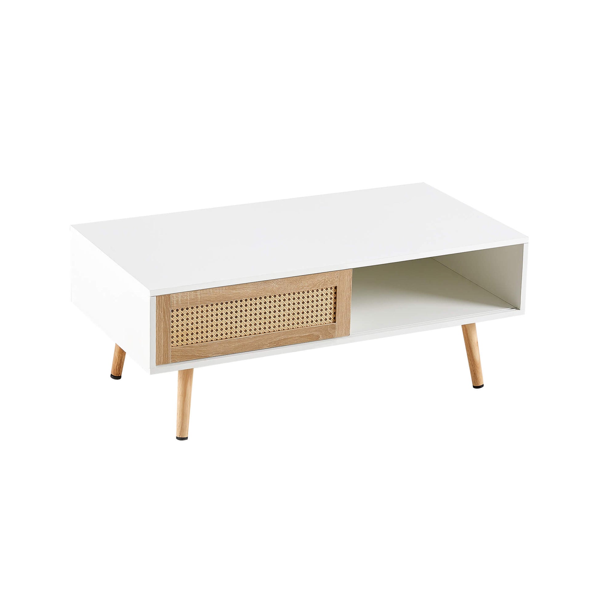 Rattan Coffee table, sliding door for storage, solid wood legs, Modern table for living room ,White