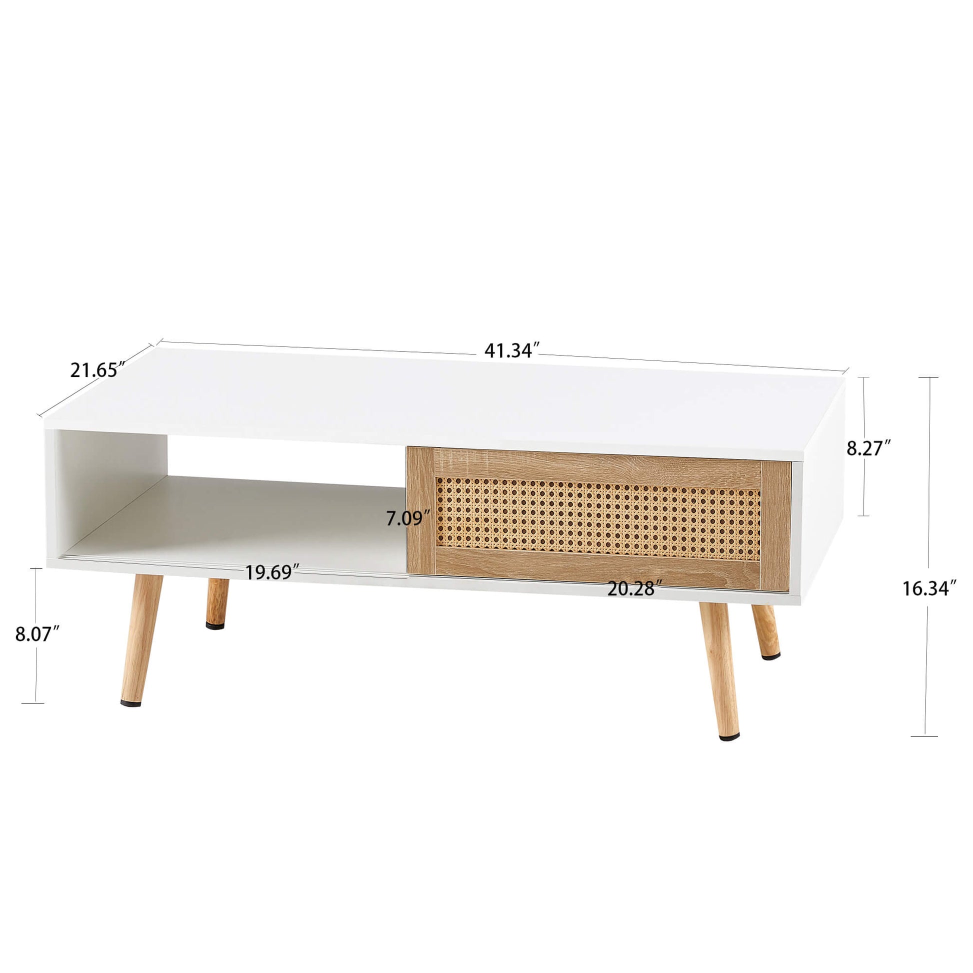 Rattan Coffee table, sliding door for storage, solid wood legs, Modern table for living room ,White