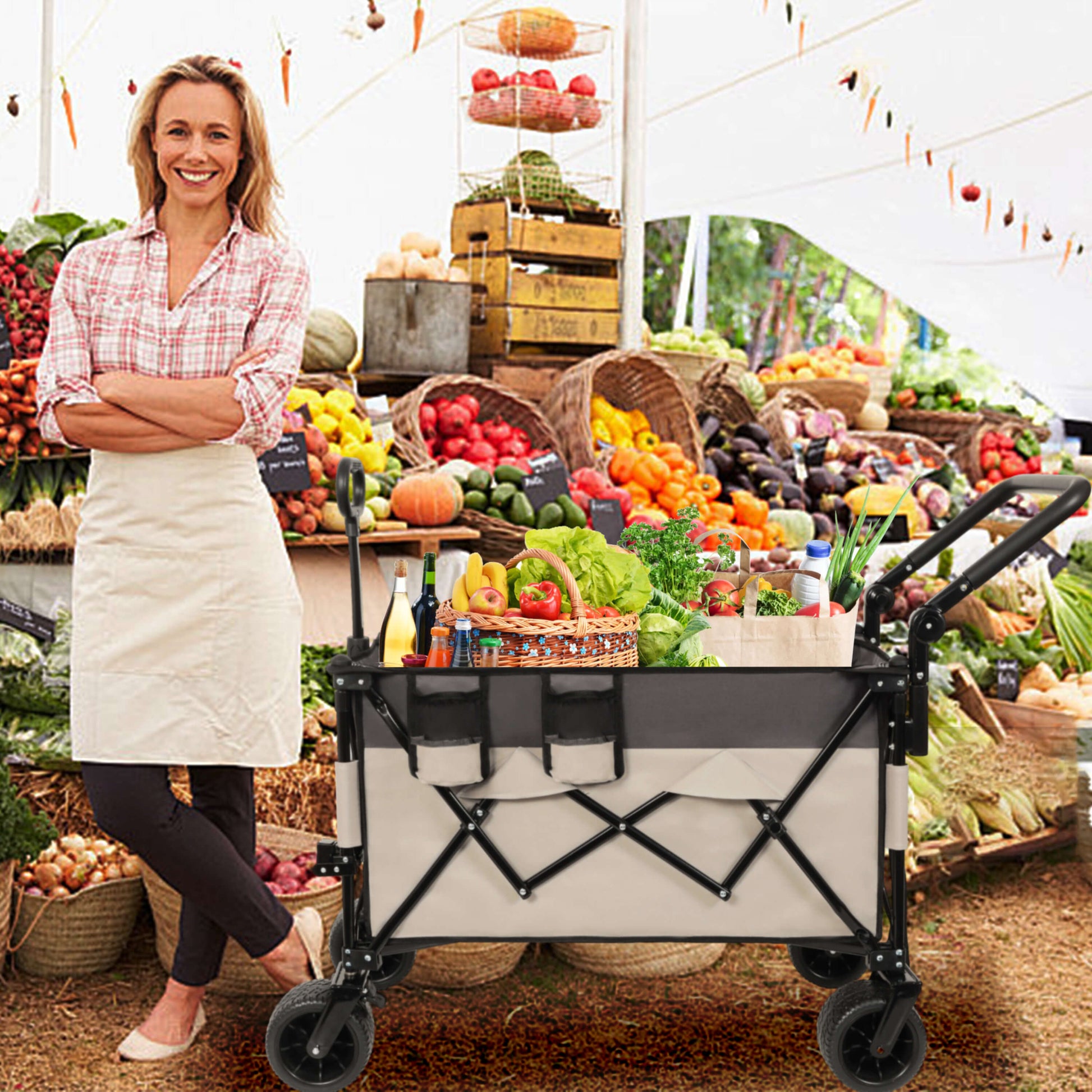 Multi-Functional Push-Pull Folding Wagon Cart with Rotating Handle & 360° All-Terrain Wheels – Heavy-Duty, Adjustable Design, Large Capacity for Transport, Groceries, and Outdoor Use, khaki- Gray - FVNLYXQ