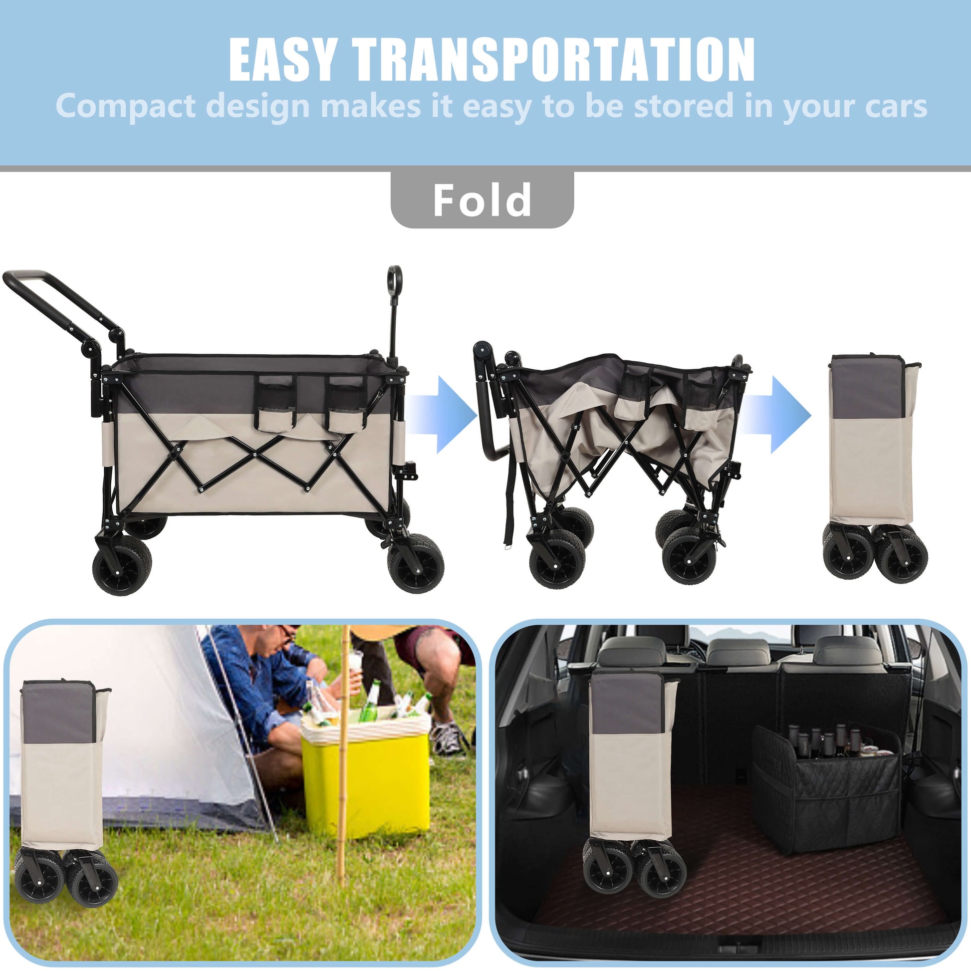 Multi-Functional Push-Pull Folding Wagon Cart with Rotating Handle & 360° All-Terrain Wheels – Heavy-Duty, Adjustable Design, Large Capacity for Transport, Groceries, and Outdoor Use, khaki- Gray - FVNLYXQ