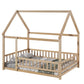 Full Size Floor Wooden Bed with House Roof Frame, Fence Guardrails ,Nartural - FVNLYXQ