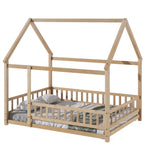 Full Size Floor Wooden Bed with House Roof Frame, Fence Guardrails ,Nartural