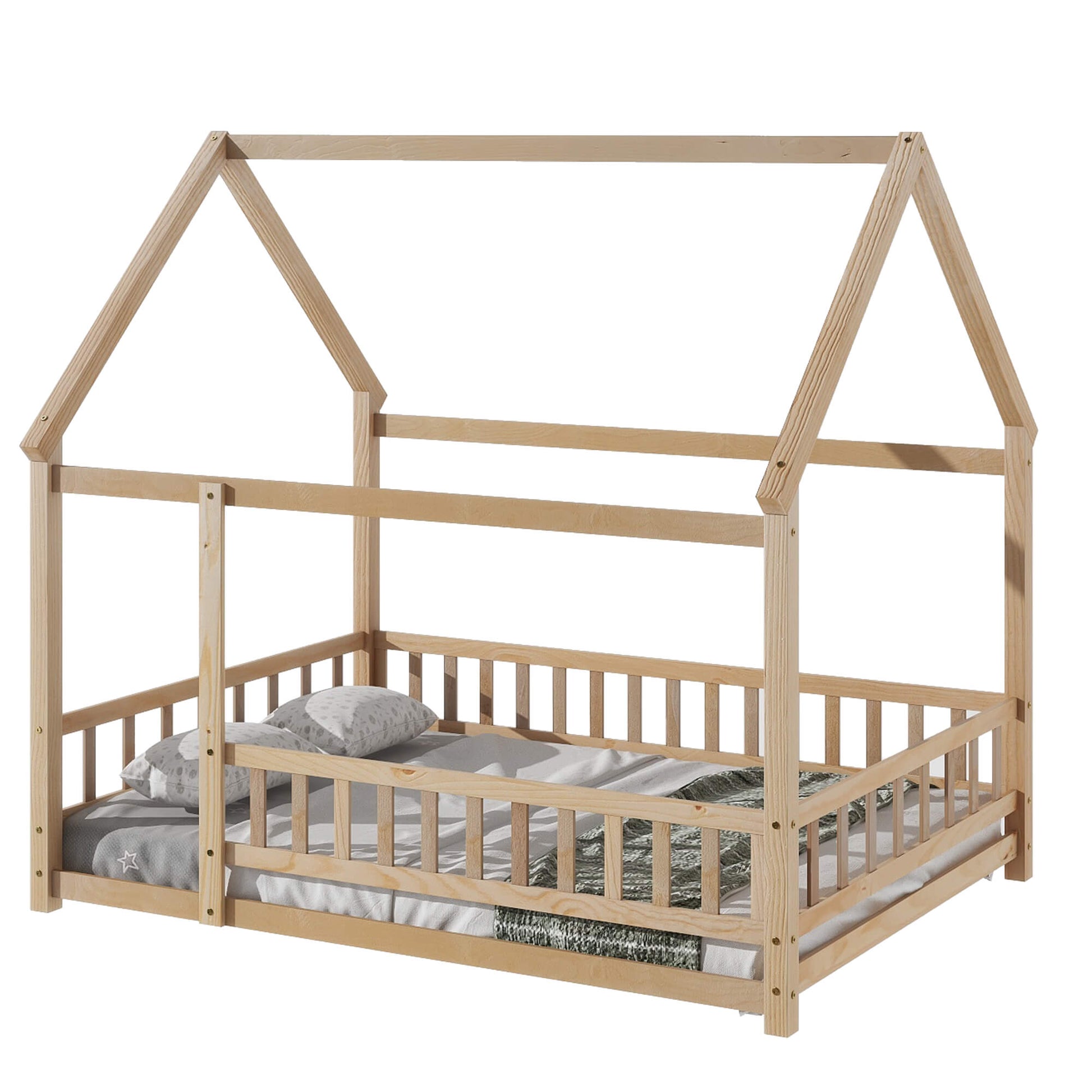 Full Size Floor Wooden Bed with House Roof Frame, Fence Guardrails ,Nartural