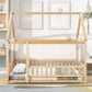 Full Size Floor Wooden Bed with House Roof Frame, Fence Guardrails ,Nartural - FVNLYXQ
