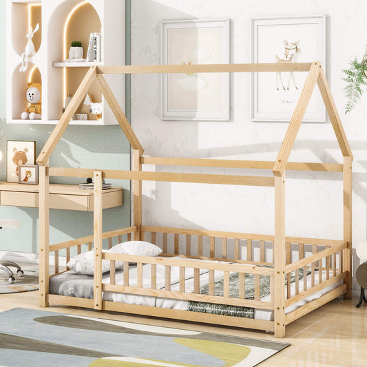 Full Size Floor Wooden Bed with House Roof Frame, Fence Guardrails ,Nartural - FVNLYXQ