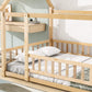 Full Size Floor Wooden Bed with House Roof Frame, Fence Guardrails ,Nartural - FVNLYXQ