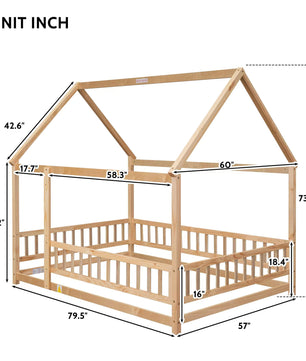 Full Size Floor Wooden Bed with House Roof Frame, Fence Guardrails ,Nartural