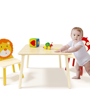 Kids Table and 2 Chairs Set, 3 Pieces Toddler Table and Chair Set, Wooden Activity Play Table Set (Lion&Monkey)