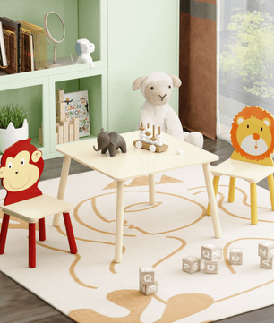 Kids Table and 2 Chairs Set, 3 Pieces Toddler Table and Chair Set, Wooden Activity Play Table Set (Lion&Monkey)