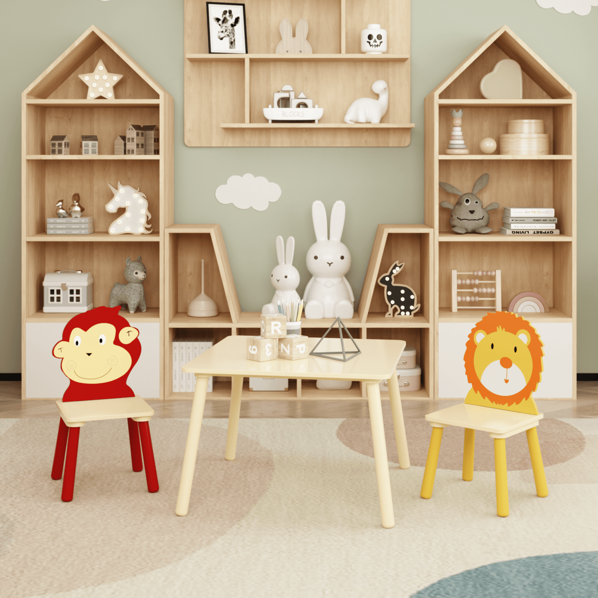 Kids Table and 2 Chairs Set, 3 Pieces Toddler Table and Chair Set, Wooden Activity Play Table Set (Lion&Monkey)