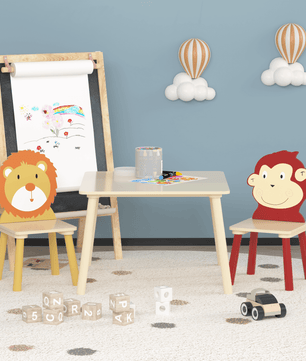 Kids Table and 2 Chairs Set, 3 Pieces Toddler Table and Chair Set, Wooden Activity Play Table Set (Lion&Monkey)