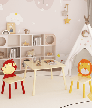 Kids Table and 2 Chairs Set, 3 Pieces Toddler Table and Chair Set, Wooden Activity Play Table Set (Lion&Monkey)