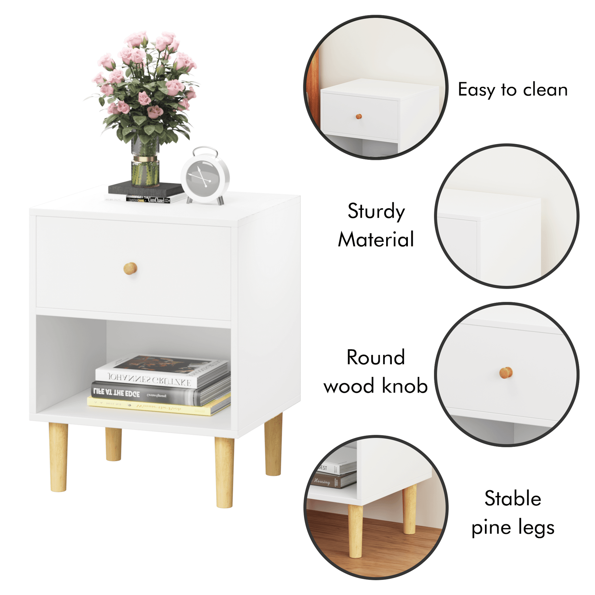 23.22''H Wooden Nightstand with One Drawer One Shelf for Kids, Adults, White 